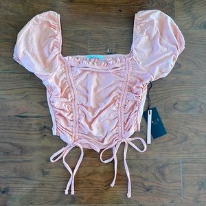 NWT Coral Pink Ruched Square Neckline Open Back Short Sleeve Shirt Crop Top